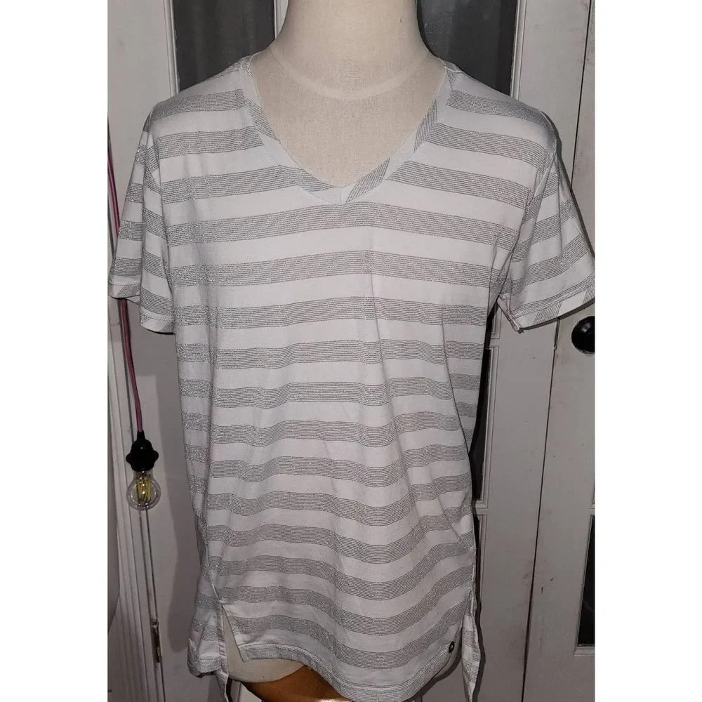 Ron Thomson Mens Gray White Striped‎ V Neck Tshirt Large